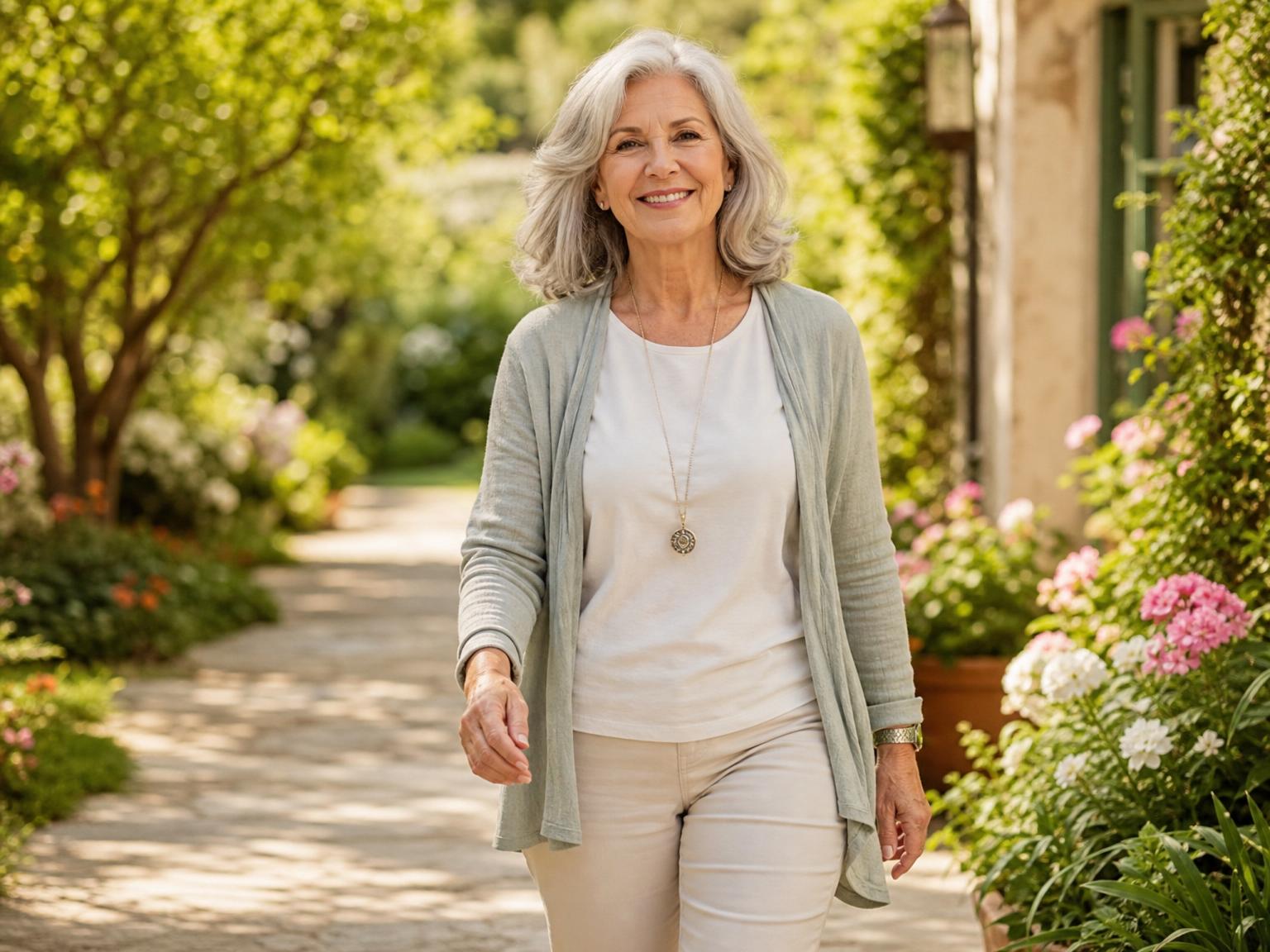 Healthy, happy grey-haired woman walking a sunlit garden path toward the viewer